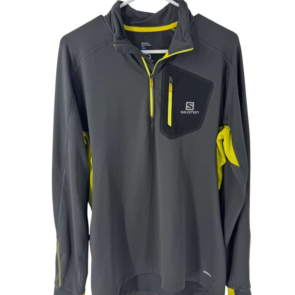 Salomon Mens Gray Neon Yellow Quarter Zip Performance Pullover Hiking Top Large - Picture 4 of 10